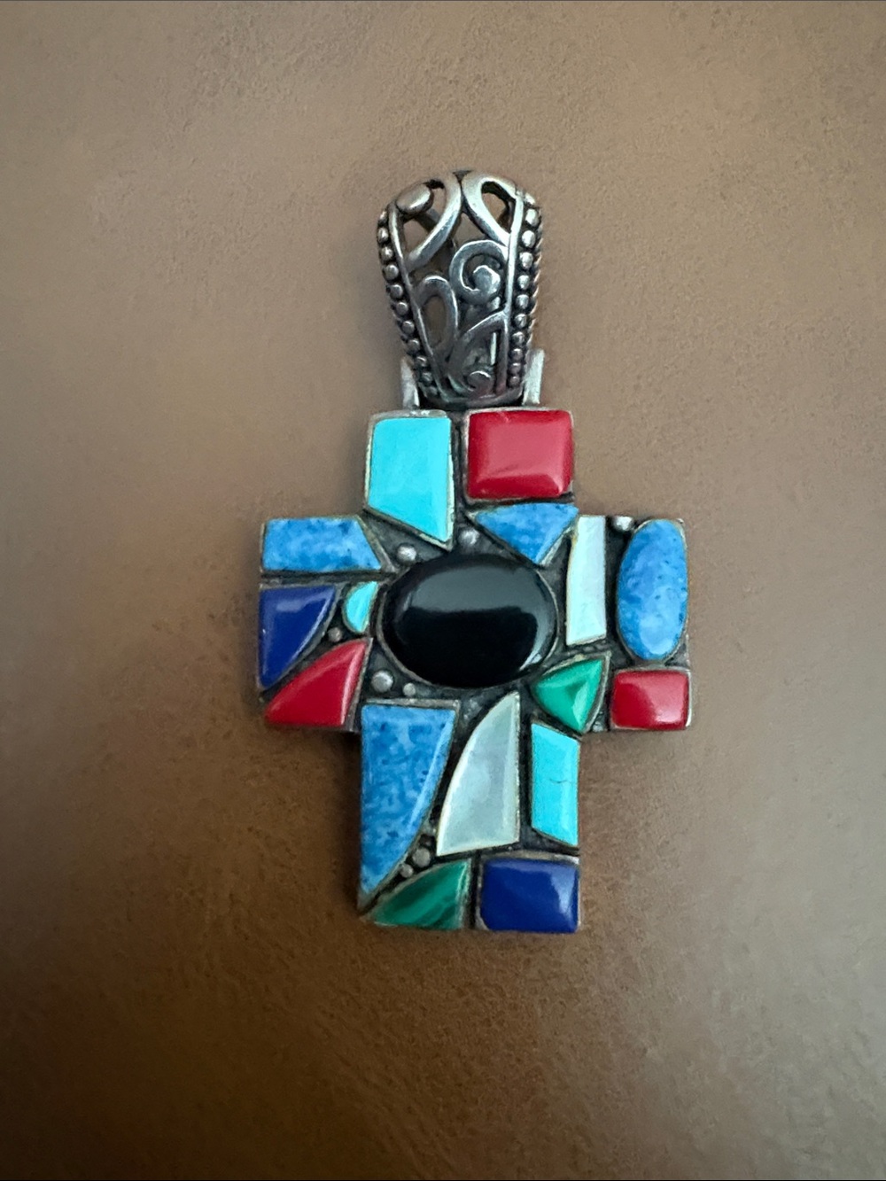 Sterling Silver Multistone Cross Pendant - Turquoise, Red, Blue, Green